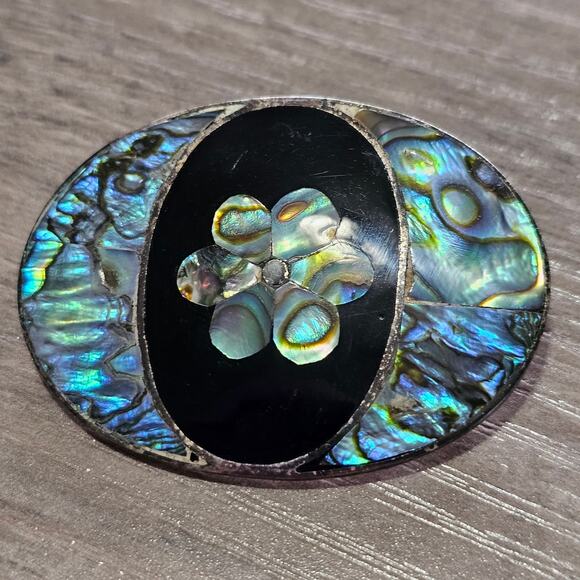 Vintage Alpaca Silver & Abalone Oval Flower Brooch Pin & Pendant - Picture 6 of 6